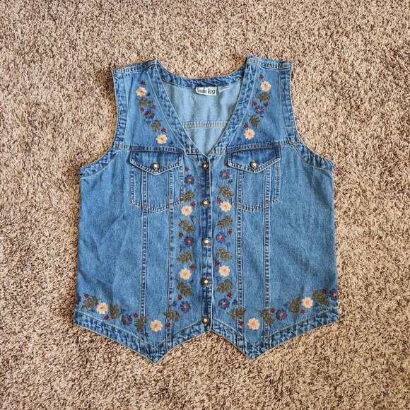 American Vintage Jackets & Blazers - Vintage Denim Vest Size XL Style West Western Tapestry Boho Cowboy Cowgirl Rodeo